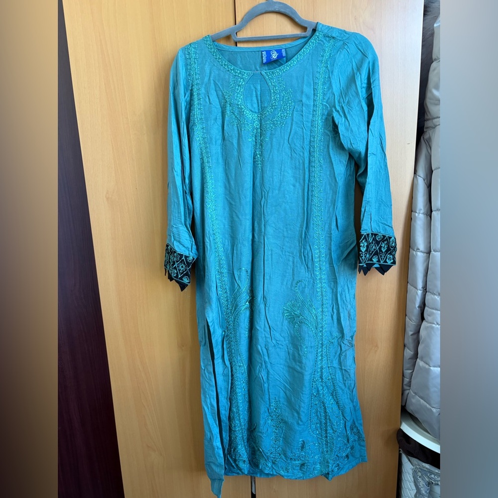 Teal Embroidered Long Sleeve Dress